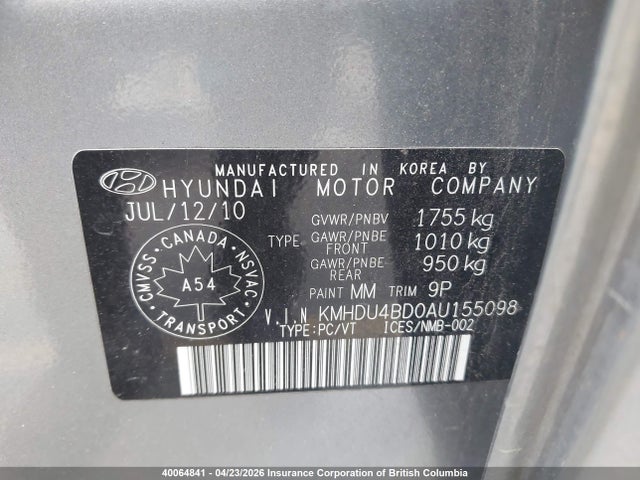 Aukcja sprzedaży 2010 Hyundai Elantra Blue/gls/se, vin: KMHDU4BD0AU155098, numer aukcji: 40064841