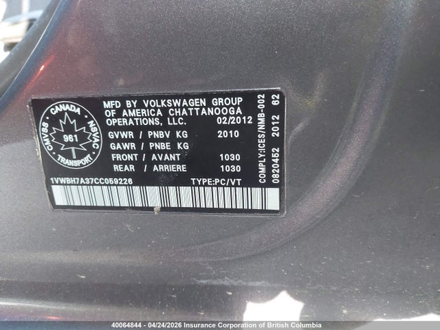 Aukcja sprzedaży 2012 Volkswagen Passat Se, vin: 1VWBH7A37CC059226, numer aukcji: 40064844