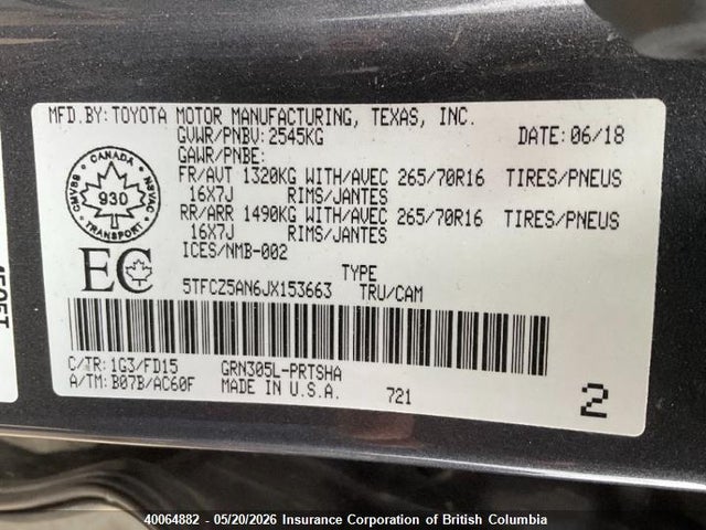 5TFCZ5AN6JX153663 Toyota Tacoma Dbl Cab/sr/trdspt/or/pro