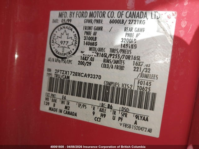 40061808 :رقم المزاد ، 2FTZX1728XCA93370 vin ، 1999 Ford F150 مزاد بيع