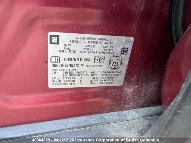 Aukcja sprzedaży 2013 Chevrolet Trax, vin: 3GNCJRSB7DL173673, numer aukcji: 40064889
