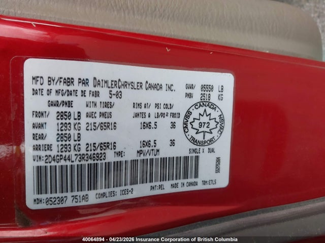 Aukcja sprzedaży 2003 Dodge Grand Caravan Sport, vin: 2D4GP44L73R346923, numer aukcji: 40064894