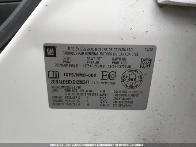 Aukcja sprzedaży 2012 Chevrolet Equinox Lt, vin: 2GNALDEKXC1236247, numer aukcji: 40062752