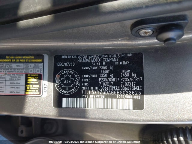 Продажа на аукционе авто 2011 Hyundai Santa Fe Gls, vin: 5XYZGDAG6BG023625, номер лота: 40064900