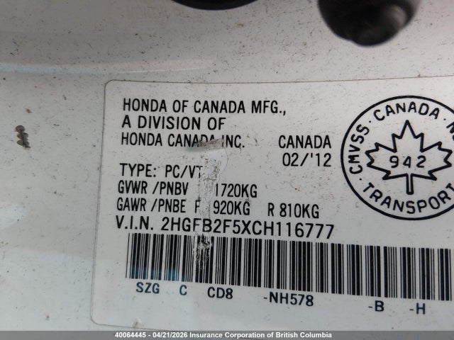 Aukcja sprzedaży 2012 Honda Civic Lx, vin: 2HGFB2F5XCH116777, numer aukcji: 40064445
