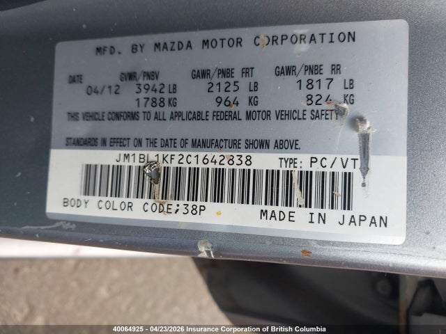 Aukcja sprzedaży 2012 Mazda 3 I, vin: JM1BL1KF2C1642838, numer aukcji: 40064925
