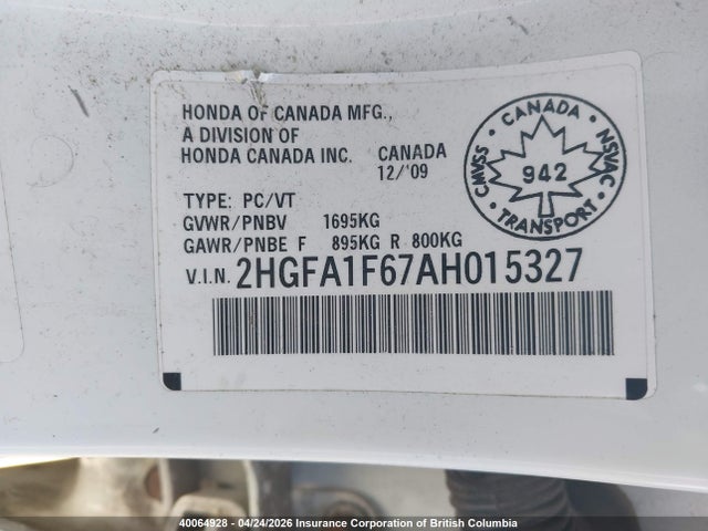 Aukcja sprzedaży 2010 Honda Civic, vin: 2HGFA1F67AH015327, numer aukcji: 40064928
