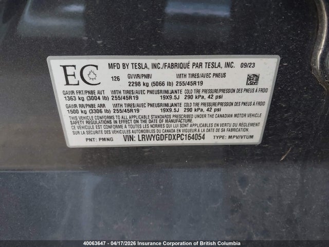 40063647 :رقم المزاد ، LRWYGDFDXPC164054 vin ، 2023 Tesla Model Y مزاد بيع