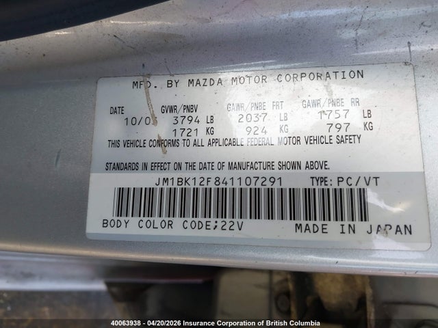 Aukcja sprzedaży 2004 Mazda 3 I, vin: JM1BK12F841107291, numer aukcji: 40063938