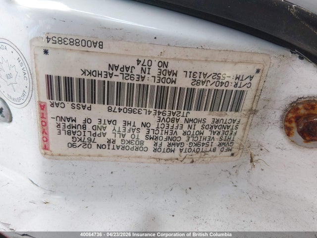 Aukcja sprzedaży 1990 Toyota Corolla, vin: JT2AE94E4L3360478, numer aukcji: 40064736