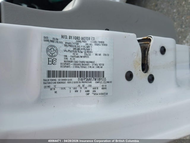 40064471 :رقم المزاد ، 1FAFP36N17W189555 vin ، 2007 Ford Focus Zxw/s/se/ses مزاد بيع