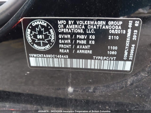 2013 Volkswagen Passat Sel მანქანა იყიდება აუქციონზე, vin: 1VWCN7A39DC145443, აუქციონის ნომერი: 40064976