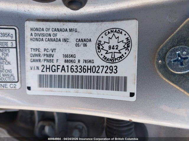 Aukcja sprzedaży 2006 Honda Civic, vin: 2HGFA16336H027293, numer aukcji: 40064984