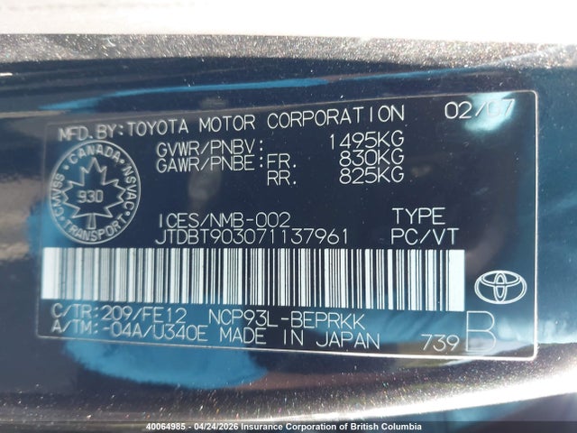 2007 Toyota Yaris მანქანა იყიდება აუქციონზე, vin: JTDBT903071137961, აუქციონის ნომერი: 40064985