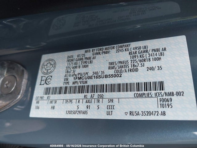 Продажа на аукционе авто 2025 Ford Escape, vin: 1FMCU0E16SUB55002, номер лота: 40064986