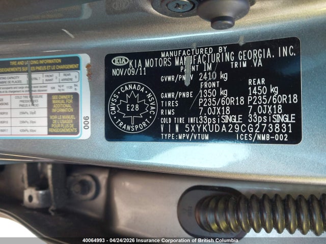 Aukcja sprzedaży 2012 Kia Sorento Ex, vin: 5XYKUDA29CG273831, numer aukcji: 40064993