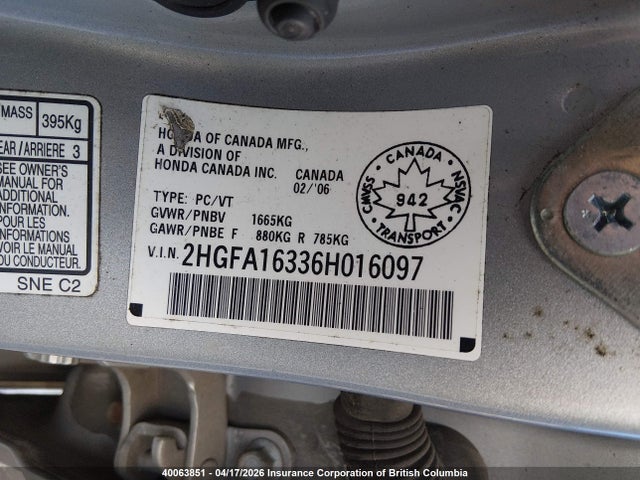 Aukcja sprzedaży 2006 Honda Civic Dx Vp, vin: 2HGFA16336H016097, numer aukcji: 40063851