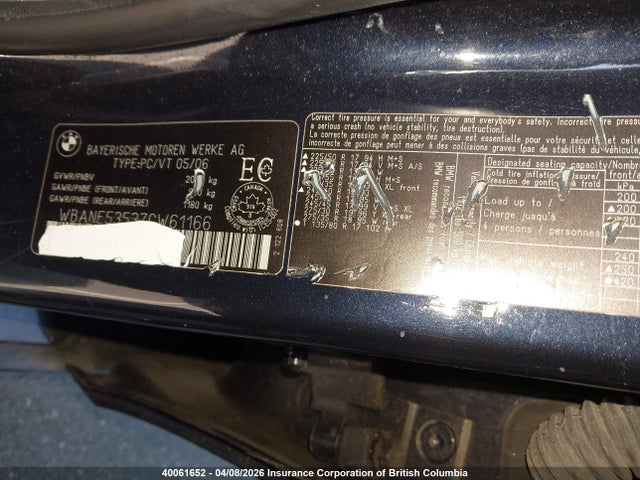 40061652 :رقم المزاد ، WBANE53537CW61166 vin ، 2007 Bmw 525 I مزاد بيع