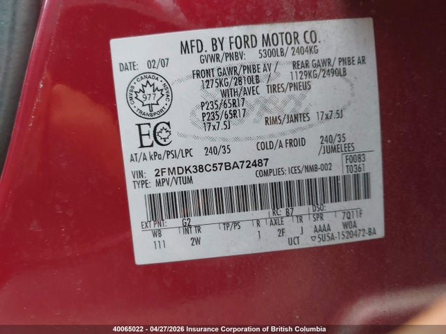 40065022 :رقم المزاد ، 2FMDK38C57BA72487 vin ، 2007 Ford Edge مزاد بيع