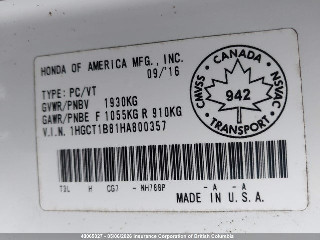 1HGCT1B81HA800357 Honda Accord Touring