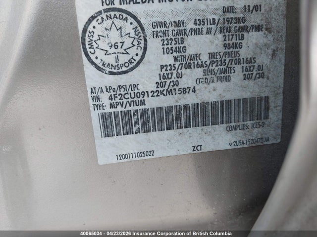 40065034 :رقم المزاد ، 4F2CU09122KM15874 vin ، 2002 Mazda Tribute Lx/es مزاد بيع