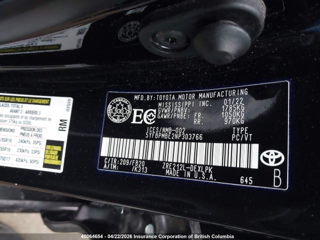 40064654 :رقم المزاد ، 5YFBPMBE2NP303766 vin ، 2022 Toyota Corolla Le/xle مزاد بيع