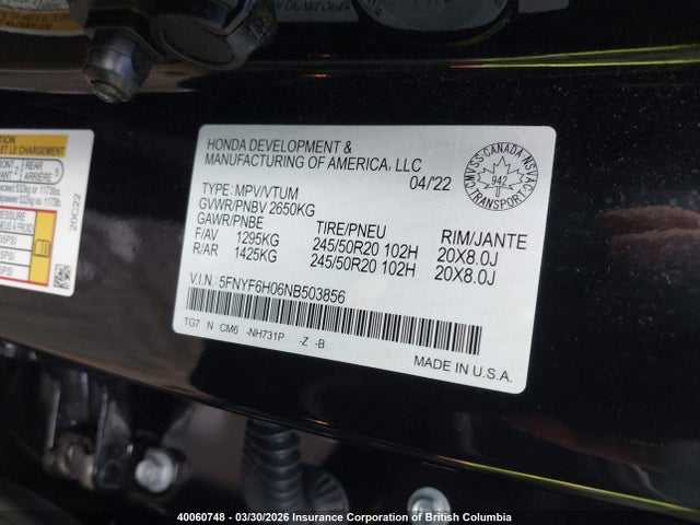 Aukcja sprzedaży 2022 Honda Pilot Elite, vin: 5FNYF6H06NB503856, numer aukcji: 40060748