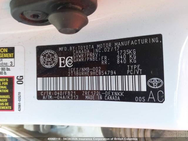 2T1BURHE9HC854794 Toyota COROLLA LE