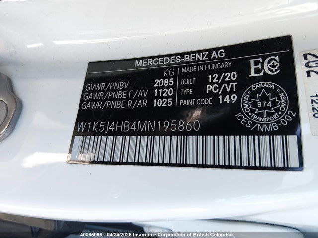 W1K5J4HB4MN195860 Mercedes-Benz CLA 250 4MATIC