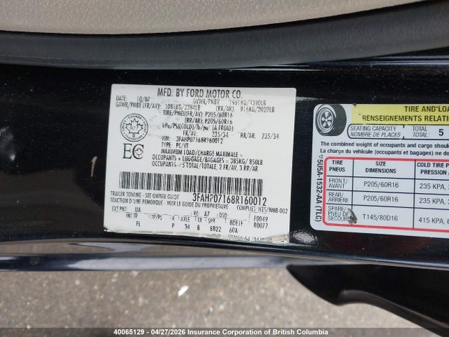 40065129 :رقم المزاد ، 3FAHP07168R160012 vin ، 2008 Ford Fusion Se مزاد بيع