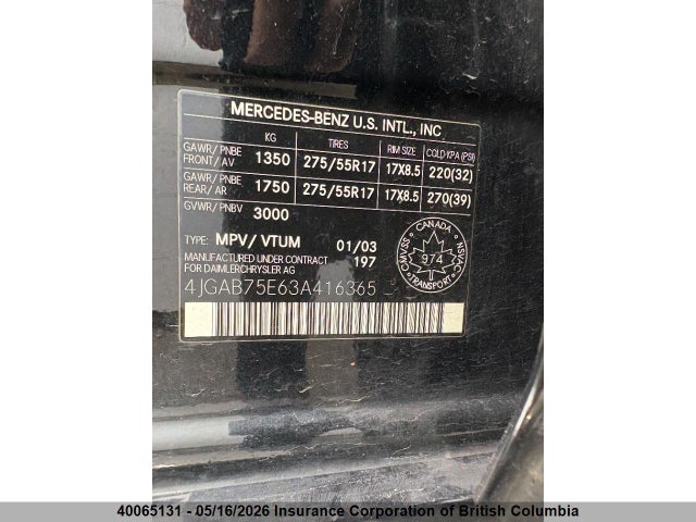 Aukcja sprzedaży 2003 Mercedes-benz Ml 500, vin: 4JGAB75E63A416365, numer aukcji: 40065131