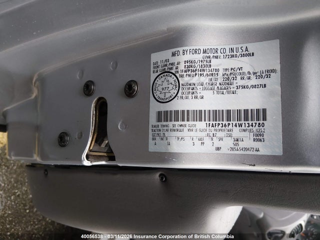 40056538 :رقم المزاد ، 1FAFP36P14W134780 vin ، 2004 Ford Focus Se مزاد بيع