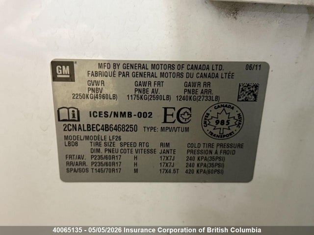 2011 Chevrolet Equinox Ls მანქანა იყიდება აუქციონზე, vin: 2CNALBEC4B6468250, აუქციონის ნომერი: 40065135