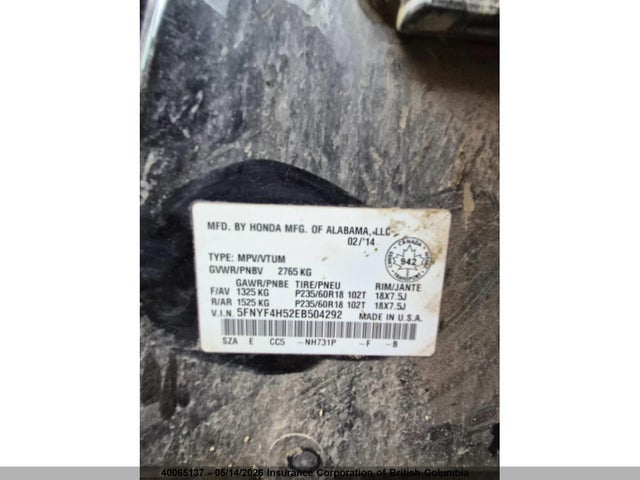 Продажа на аукционе авто 2014 Honda Pilot, vin: 5FNYF4H52EB504292, номер лота: 40065137