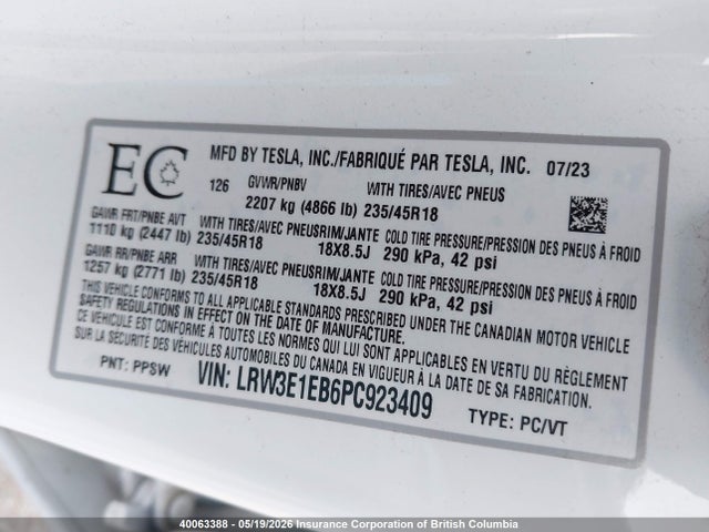 Продажа на аукционе авто 2023 Tesla Model 3, vin: LRW3E1EB6PC923409, номер лота: 40063388