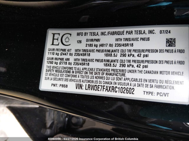 Aukcja sprzedaży 2024 Tesla Model 3, vin: LRW3E7FAXRC102602, numer aukcji: 40060056