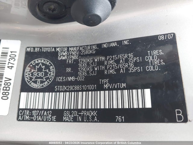 40065053 :رقم المزاد ، 5TDZK29C88S101001 vin ، 2008 Toyota Sienna Ce مزاد بيع
