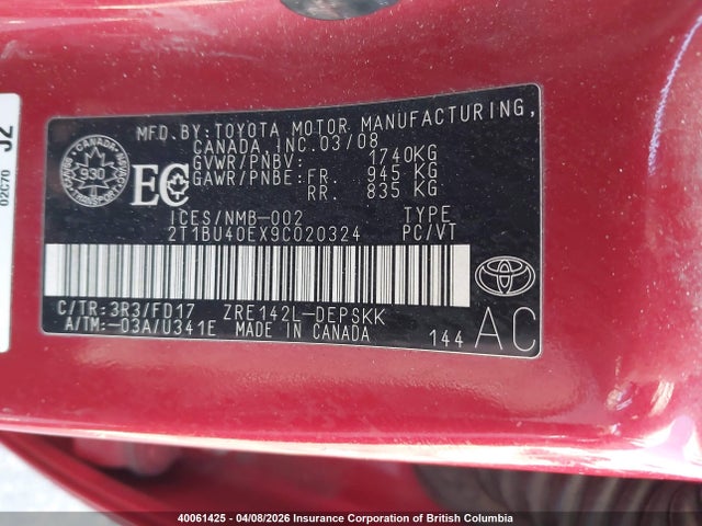 2009 Toyota Corolla S/le/xle მანქანა იყიდება აუქციონზე, vin: 2T1BU40EX9C020324, აუქციონის ნომერი: 40061425