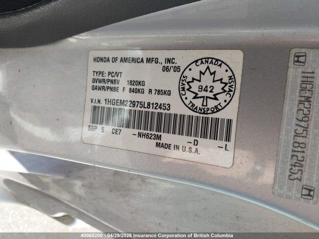 Aukcja sprzedaży 2005 Honda Civic, vin: 1HGEM22975L812453, numer aukcji: 40065200