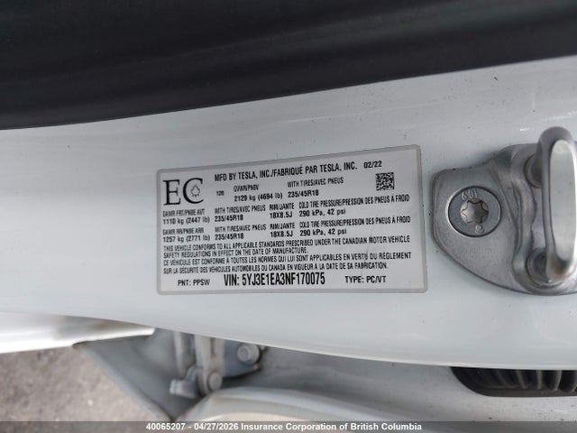 Aukcja sprzedaży 2022 Tesla Model 3, vin: 5YJ3E1EA3NF170075, numer aukcji: 40065207