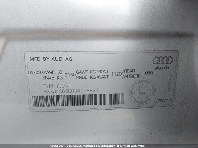 Продаж на аукціоні авто 2003 Audi A4, vin: WAULC68E83A278891, номер лоту: 40065209