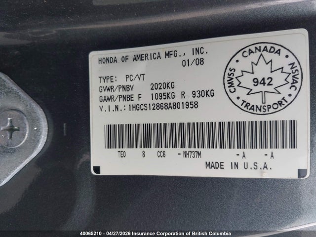 Aukcja sprzedaży 2008 Honda Accord Exl, vin: 1HGCS12868A801958, numer aukcji: 40065210