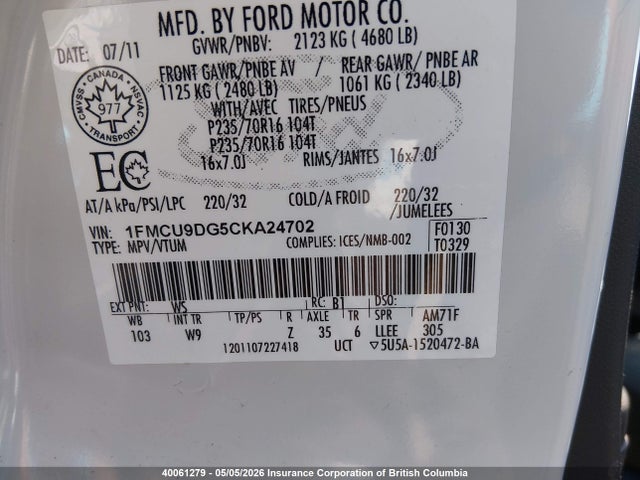 40061279 :رقم المزاد ، 1FMCU9DG5CKA24702 vin ، 2012 Ford Escape Xlt مزاد بيع