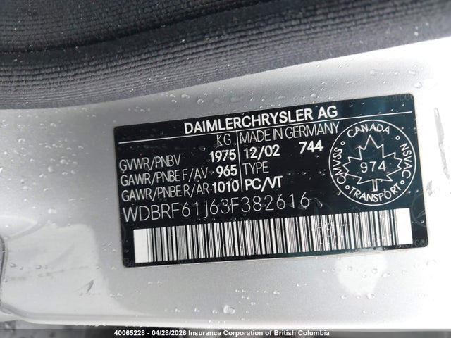 40065228 :رقم المزاد ، WDBRF61J63F382616 vin ، 2003 Mercedes-benz C 240 مزاد بيع