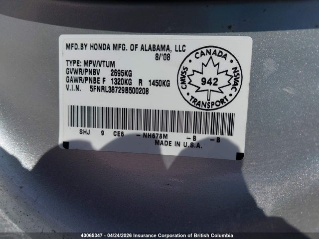 Aukcja sprzedaży 2009 Honda Odyssey Exl, vin: 5FNRL38729B500208, numer aukcji: 40065347