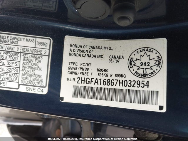 Продаж на аукціоні авто 2007 Honda Civic, vin: 2HGFA16867H032954, номер лоту: 40065392