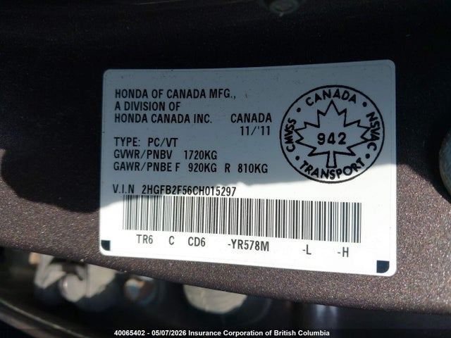 Продаж на аукціоні авто 2012 Honda Civic, vin: 2HGFB2F56CH015297, номер лоту: 40065402