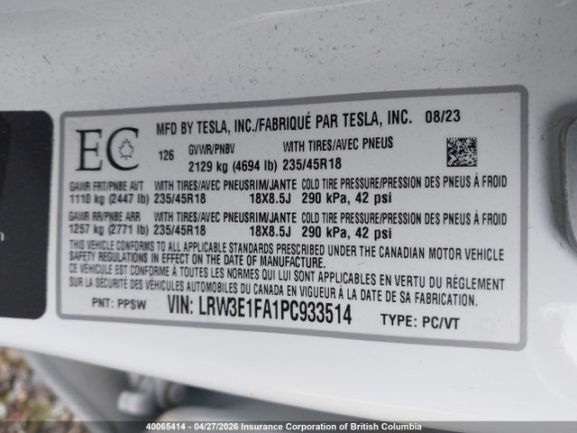 Продажа на аукционе авто 2023 Tesla Model 3 Rwd, vin: LRW3E1FA1PC933514, номер лота: 40065414