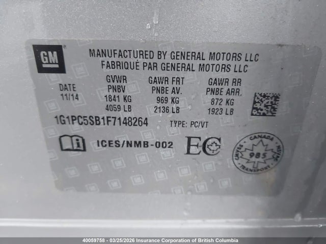 Aukcja sprzedaży 2015 Chevrolet Cruze Lt, vin: 1G1PC5SB1F7148264, numer aukcji: 40059758
