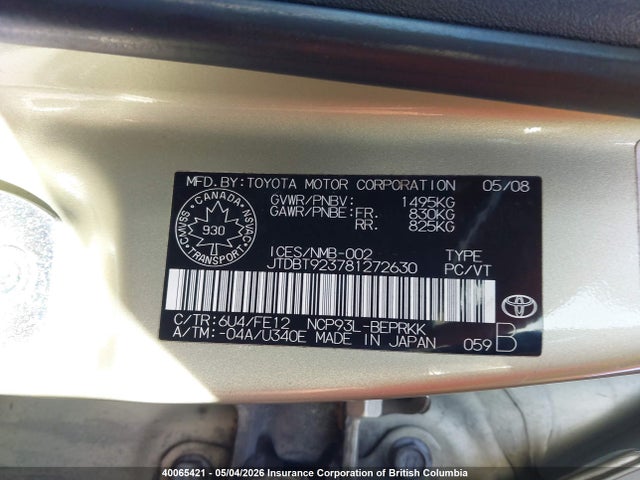 2008 Toyota Yaris მანქანა იყიდება აუქციონზე, vin: JTDBT923781272630, აუქციონის ნომერი: 40065421